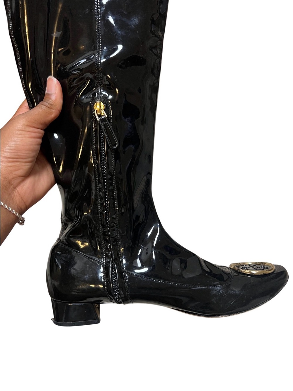 Tory Burch Patent Black Knee-High Boots with Logo Medallions - Picture 5 of 9
